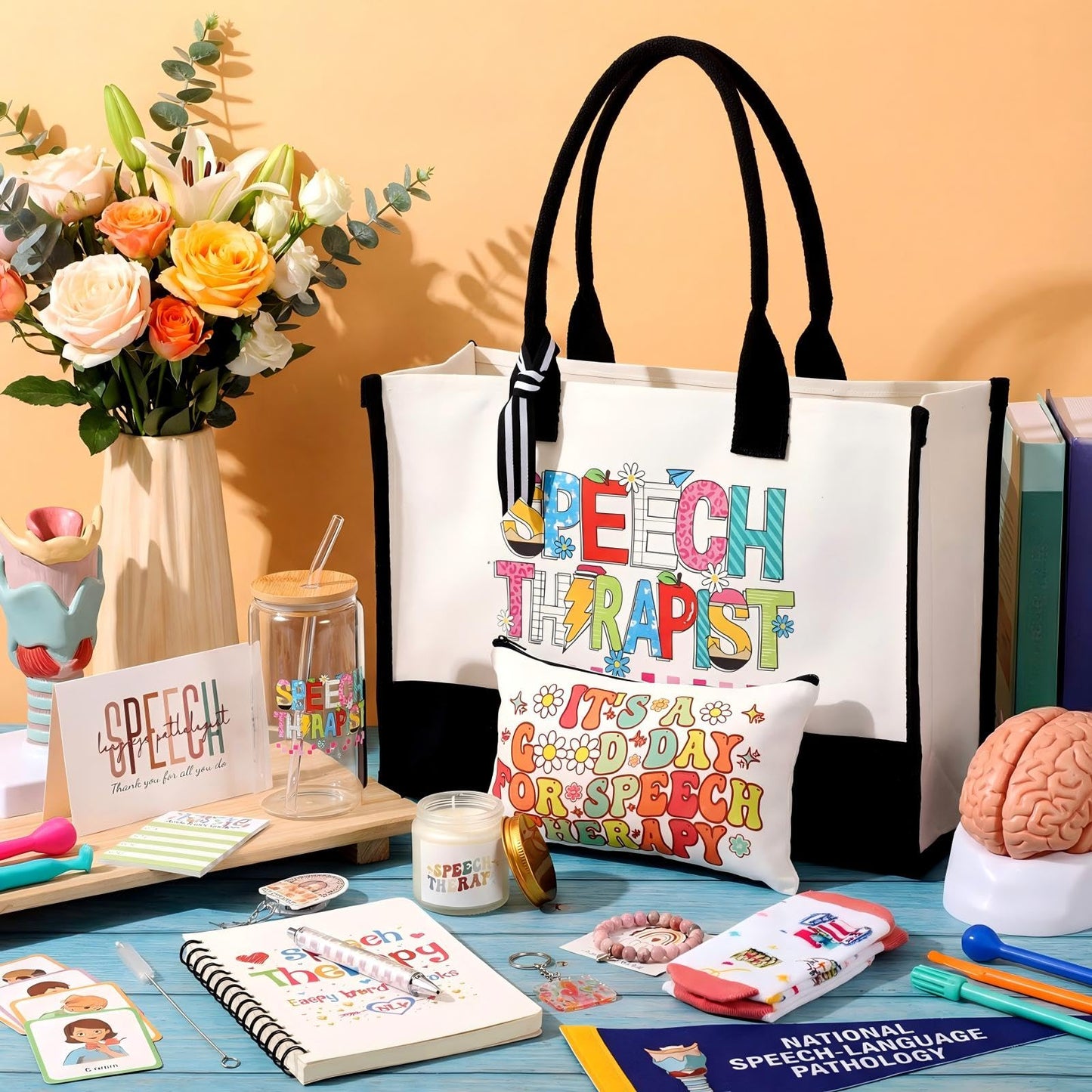 Wiwiqing 12 Pcs Speech Language Pathology Gifts for Women SLP Thank You Baskets 16 oz Tumbler Bracelet Tote Bags Scented Candle Socks SLP Appreciation Gifts for Speech Therapist Language Pathologist