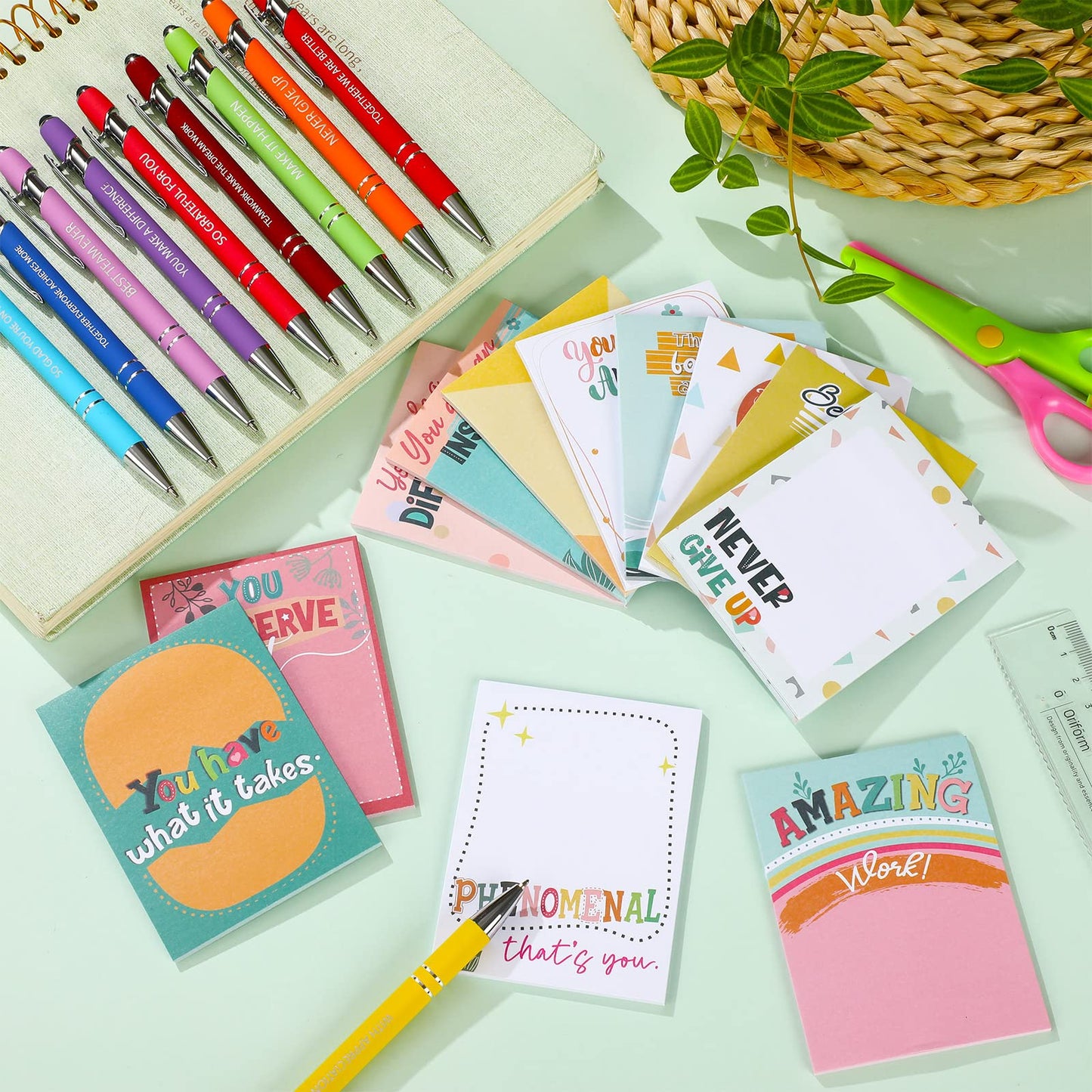 Geyee 24 Pcs End of Year Gifts Employee Sticky Notes with Funny Pen 3 x 4 Inch Employee Appreciation Gifts for Coworkers Teacher Office Staff Work Appreciation Administrative Professional Gift