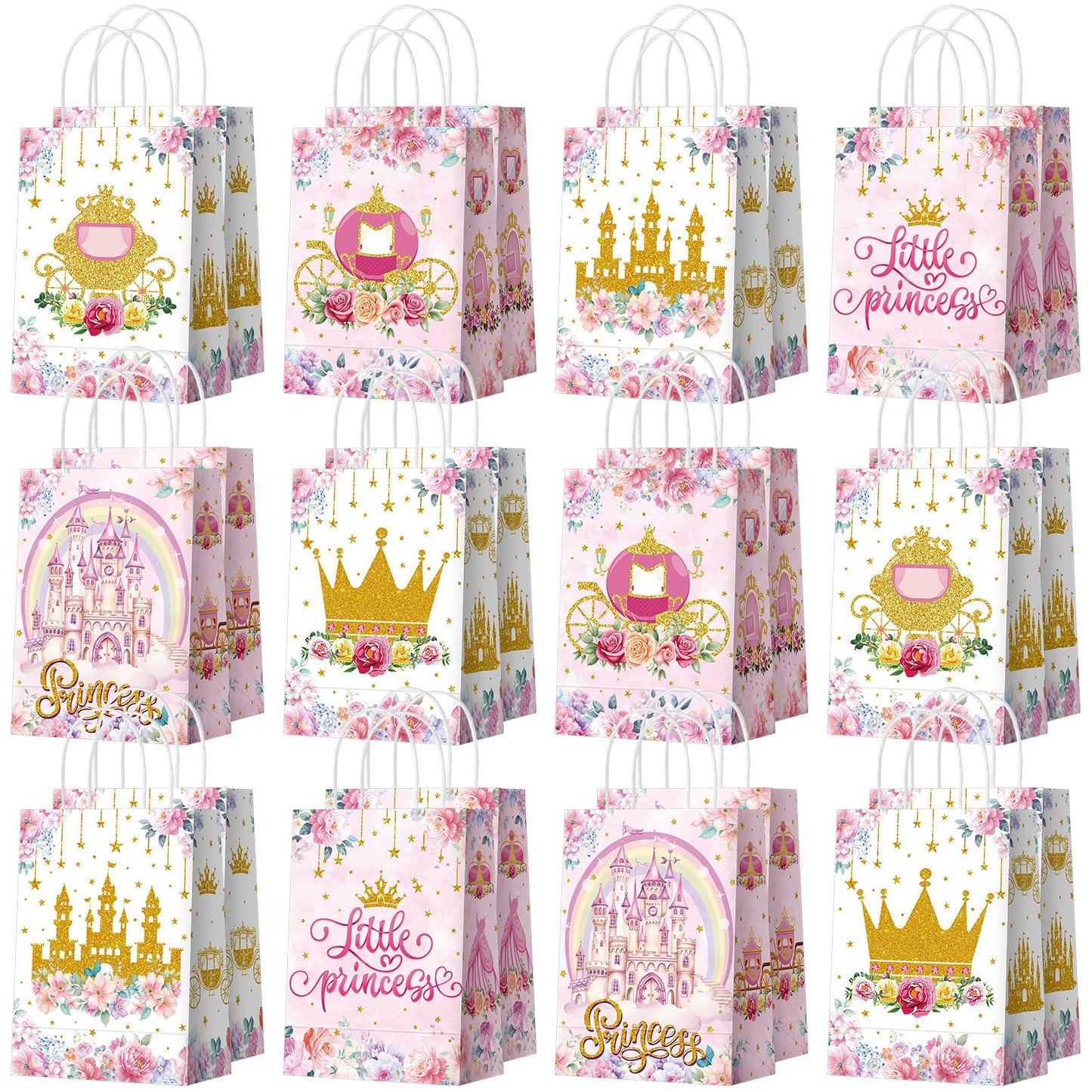 Kosiz 24 Pcs Princess Party Favors Bags Paper Little Princess Gift Goodie Bags with Handles Pink Floral Castle Crown Carriage Candy Treat Pouch for Girls Birthday Baby Shower Party Decoration Supplies
