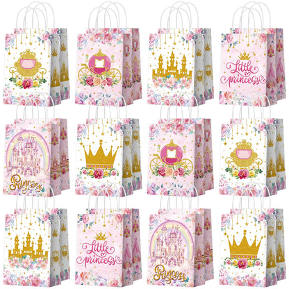 Kosiz 24 Pcs Princess Party Favors Bags Paper Little Princess Gift Goodie Bags with Handles Pink Floral Castle Crown Carriage Candy Treat Pouch for Girls Birthday Baby Shower Party Decoration Supplies