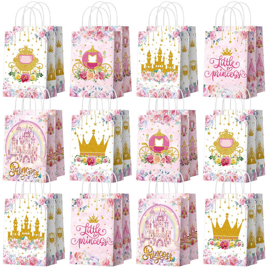 Kosiz 24 Pcs Princess Party Favors Bags Paper Little Princess Gift Goodie Bags with Handles Pink Floral Castle Crown Carriage Candy Treat Pouch for Girls Birthday Baby Shower Party Decoration Supplies