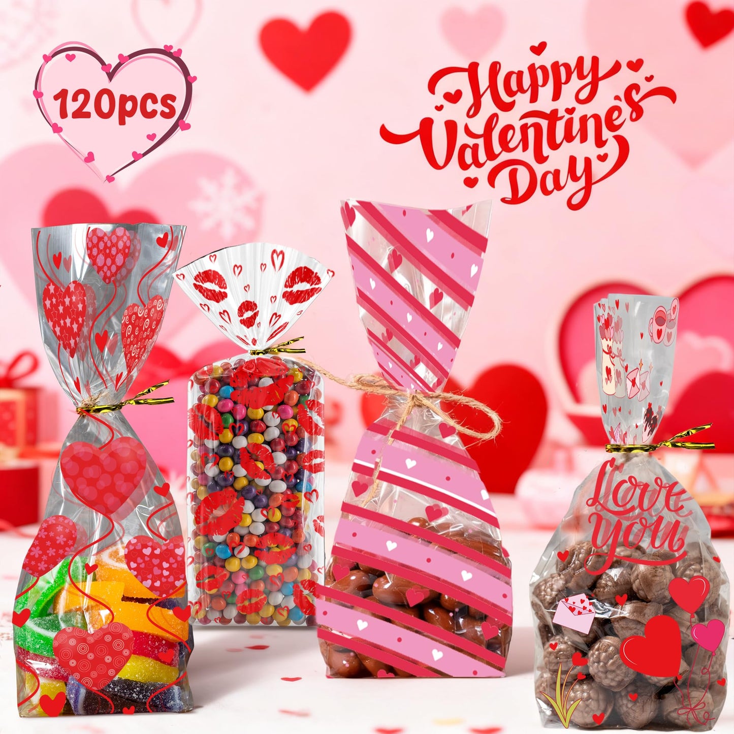 Valentines Gift Bags - 120 PCS Heart Kiss Cellophane Candy Treat Goodie Bags for Kids | Snack Cookie Stocking Stuffers Gift Basket -Valentines Day Birthday Party Favors Decorations Supplies Decor