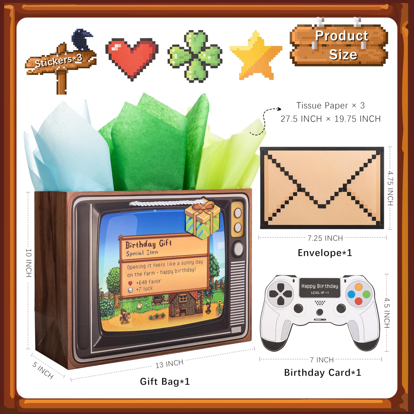 Crisky Gamer Birthday Gift Bag Set – Pixel Art Design with Greeting Card, Tissue Paper & Stickers | for Boys, Men, Video Game Party Favors & Decorations, 13 inch