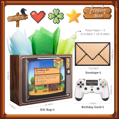 Crisky Gamer Birthday Gift Bag Set – Pixel Art Design with Greeting Card, Tissue Paper & Stickers | for Boys, Men, Video Game Party Favors & Decorations, 13 inch