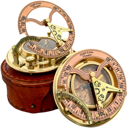 Antique Brass & Copper Sundial Compass, Sundial Clock in Box Gift Sun Clock Ship Replica Watch