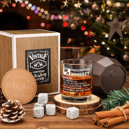 Prescription Whiskey Glass, Funny Rocks Glass & Bourbon Barrel Set for Brother Boyfriend Father Husband Coworker on Christmas & Birthday, White Elephant Cool Gag Gifts for Men