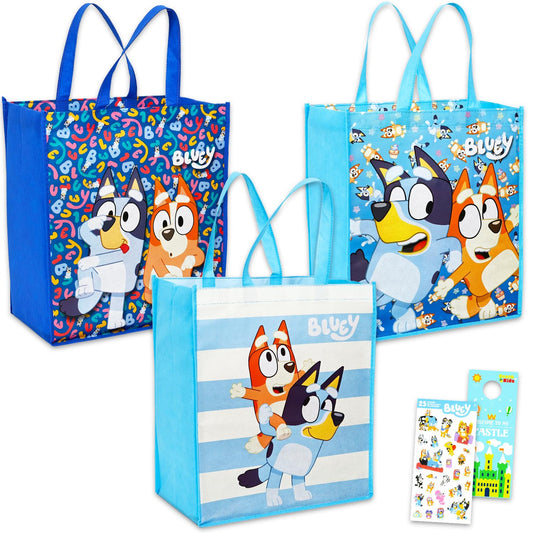 Bluey Tote Bag Bundle - Cute Cartoon Accessories Bundle with 3 Grocery Bags Plus Stickers, More | Bluey and Bingo Reusable Bags Set