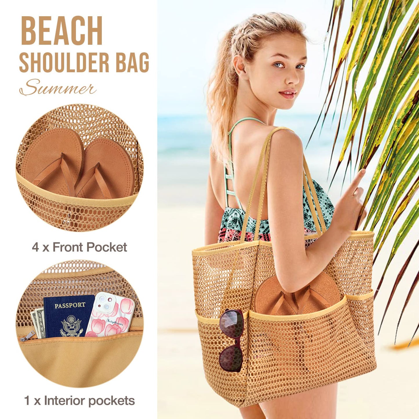 KPX Beach Bag with Mini Pocket, Summer Beach Tote Bags for Women Large Foldable Mesh Swimming Pool Travel Bags - Sandproof