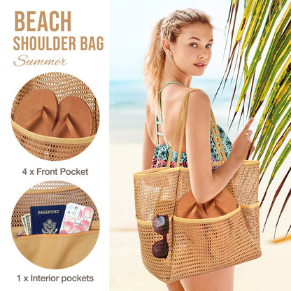 KPX Beach Bag with Mini Pocket, Summer Beach Tote Bags for Women Large Foldable Mesh Swimming Pool Travel Bags - Sandproof