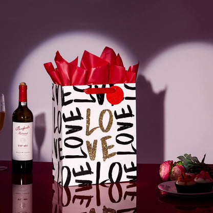 SUNCOLOR Large Valentine's Day Gift Bag with Tissue Paper, Black and Gold Love Design, 13 x 10.2 x 4.7 Inches, for Birthday, Mother's Day