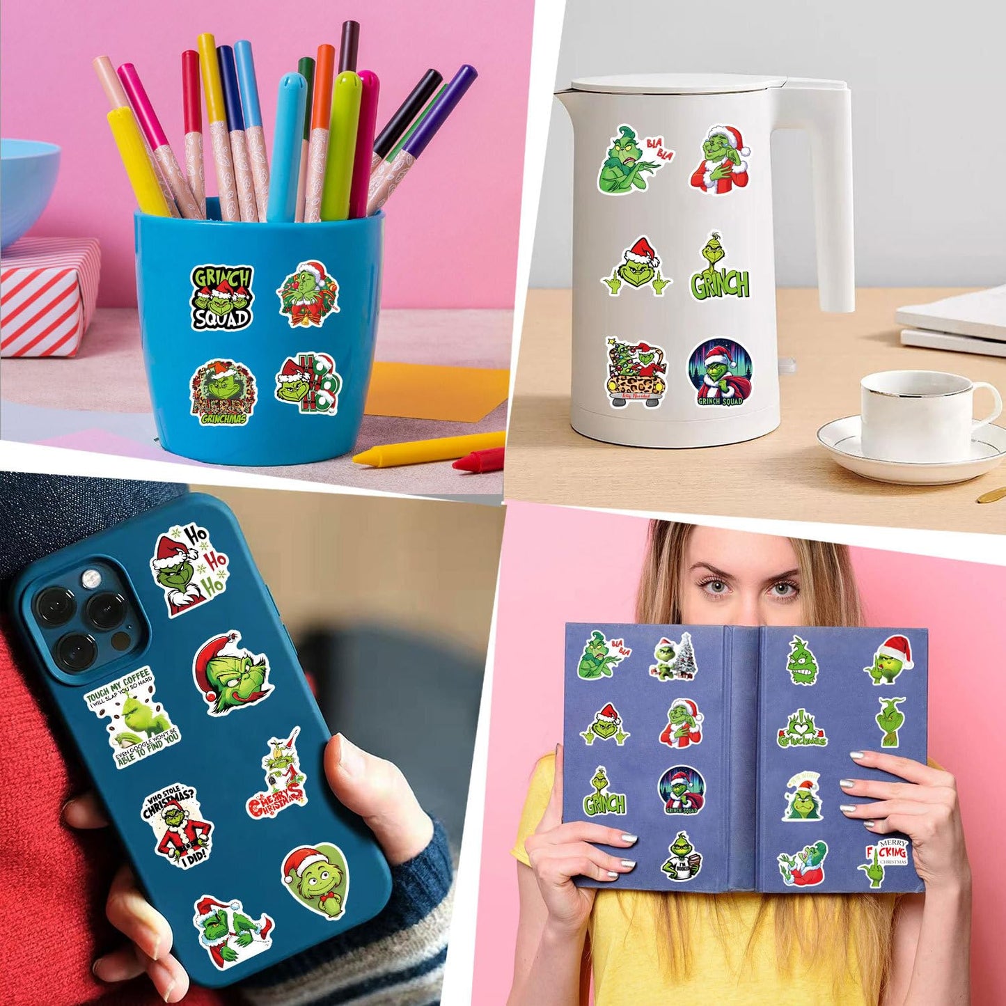 55pcs Christmas Grinches Popular Stickers for Kids, Children's Cartoon Sticker for Water Bottle,Laptop,Waterproof Vinyl Decals for Teens Girls Boys (Green-B)