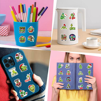 55pcs Christmas Grinches Popular Stickers for Kids, Children's Cartoon Sticker for Water Bottle,Laptop,Waterproof Vinyl Decals for Teens Girls Boys (Green-B)