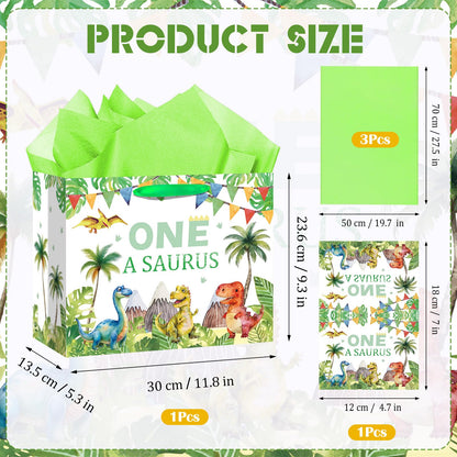 Woosytoo Baby Boys 1st Birthday Gift Bag One a Saurus Decorations Dinosaur First Birthday Gift Wrapping Paper Bag with Tissue Paper for Dino One Years Old Party Favor Supplies