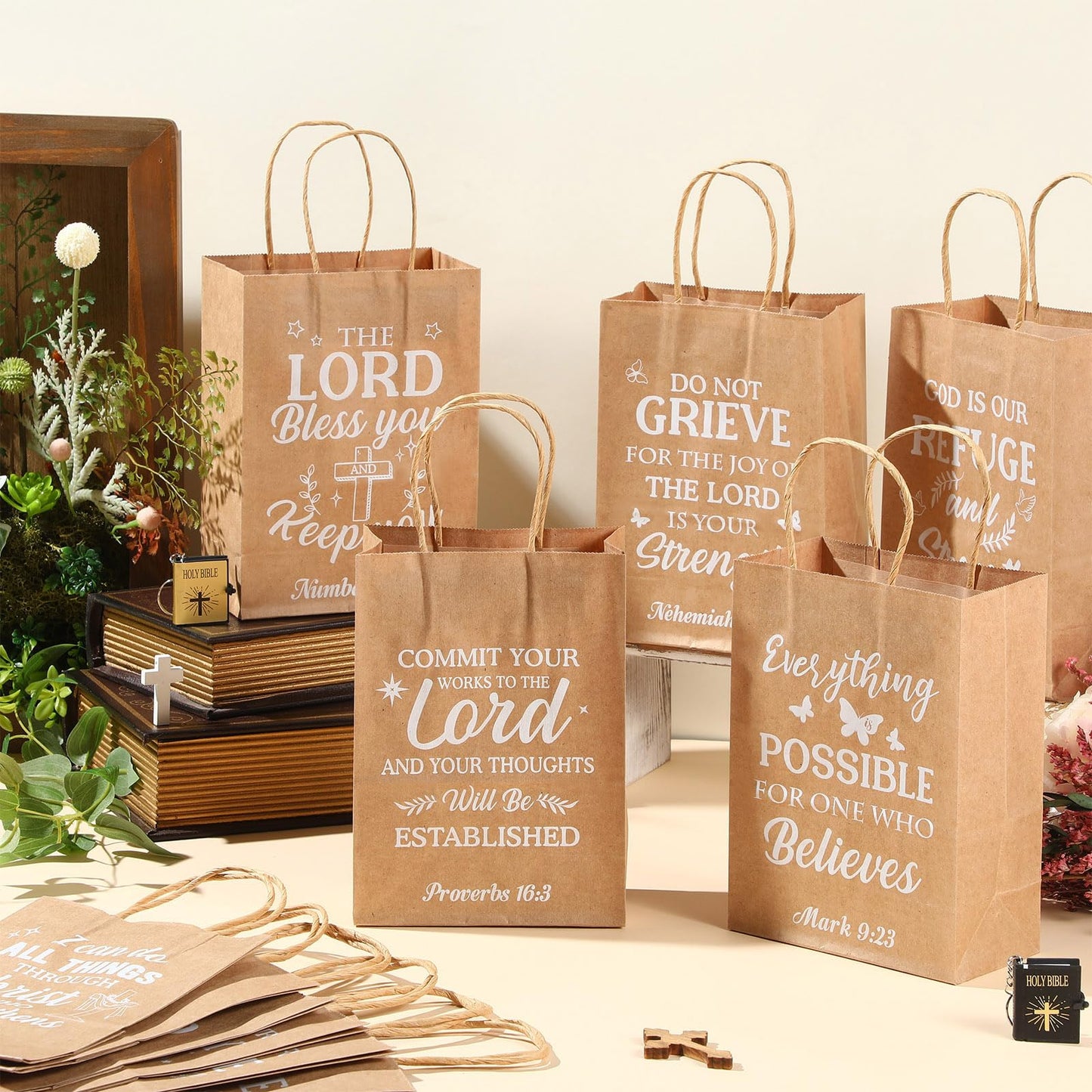 Chiisong 100 Pcs Christian Gift Bags, Fathers Day Religious Bible Verse Treat Bags with Handles Inspirational Church Scripture Bag for Women Wedding Baptism Birthday Party Favor(Kraft with White)