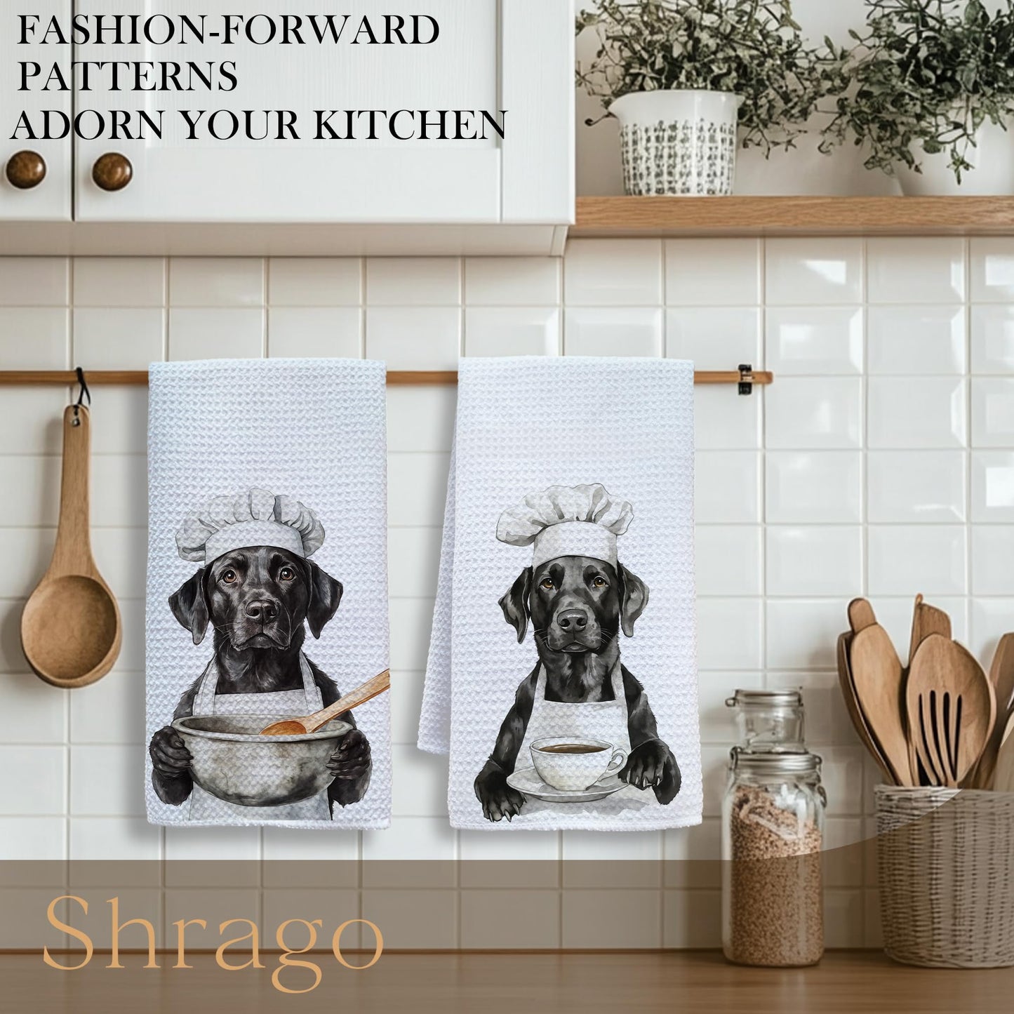 Funny Chef Black Labrador Kitchen Towels, Labrador Retriever Gifts Dish Tea Towels for Kitchen, Black Lab Gift, Gifts for Chefs Coffee Lovers Decorative Hand Towel, 16x24 Inch Set of 2