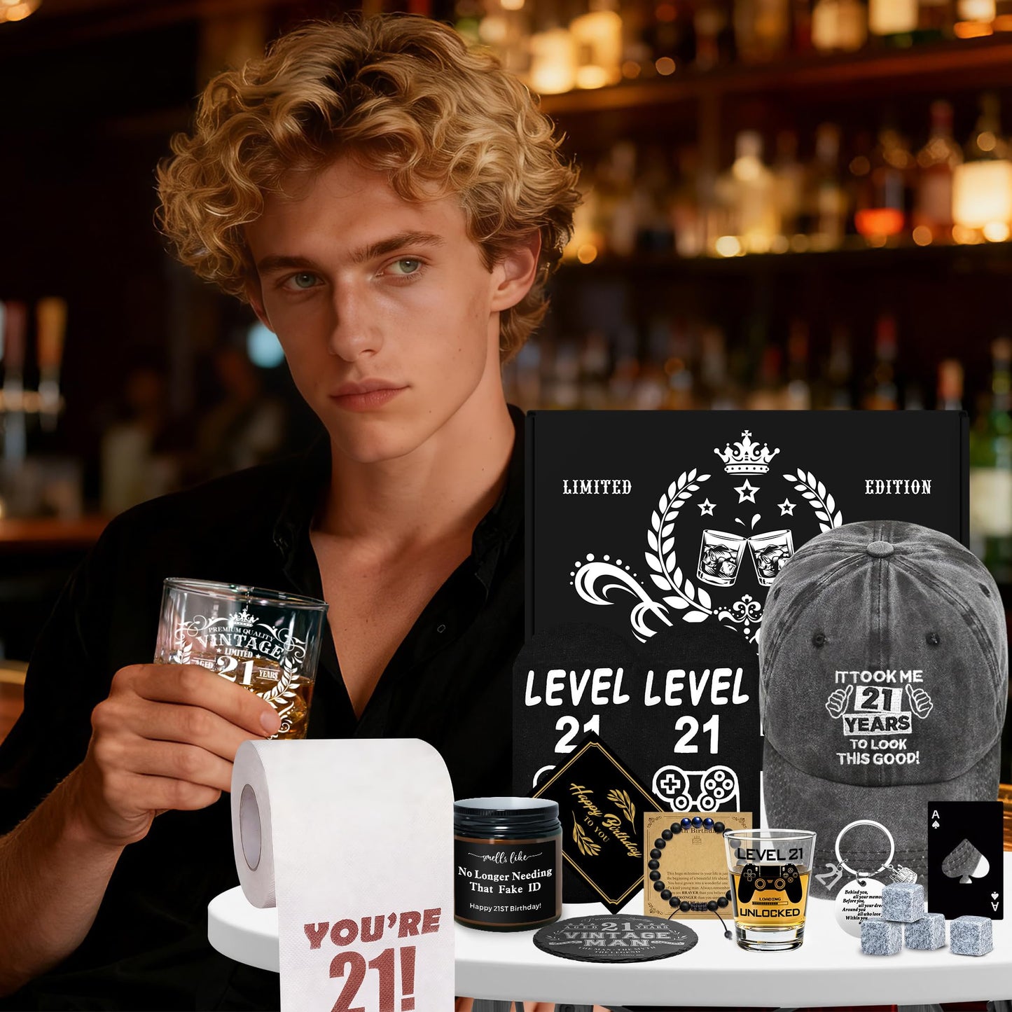 16 Pcs Happy 21st Birthday Gifts for Him, 21 Year Old Boy Birthday Party Gifts with 11 Oz Whiskey Glass 1.7 Oz Shoot Glass Coaster Hat Socks for Men, Son, Nephew, Grandson, Brother, Boyfriend, Friends