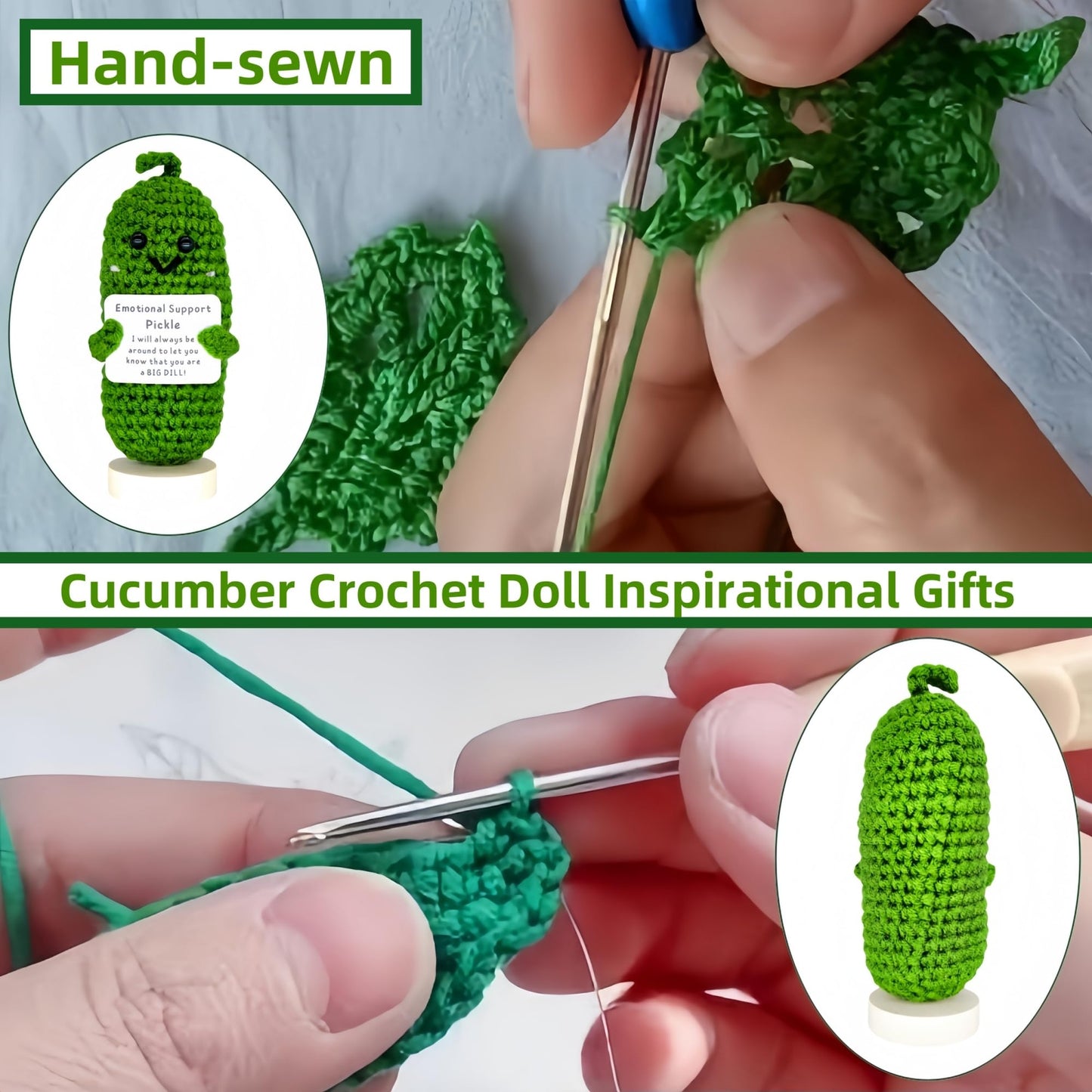 Handmade Cucumber Crochet Doll - Emotional Support Pickle Gift with Card,Cute Knitted Funny Support Potato Inspirational Birthday Gifts Mothers Day Present for Women Teens Gifts (Emotional Pickle)