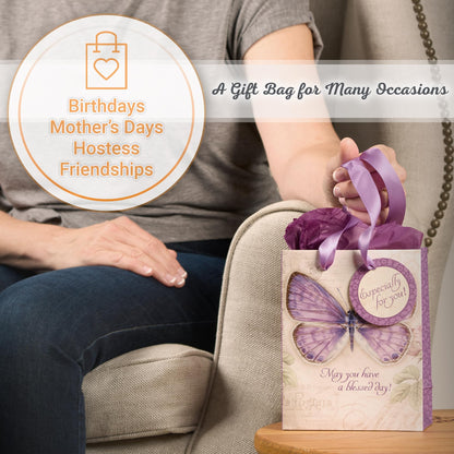 Christian Art Gifts Gift Bag, Card, and Tissue Paper Blessed Day Numbers 6:24 Bible Verse, Purple Butterfly, Small