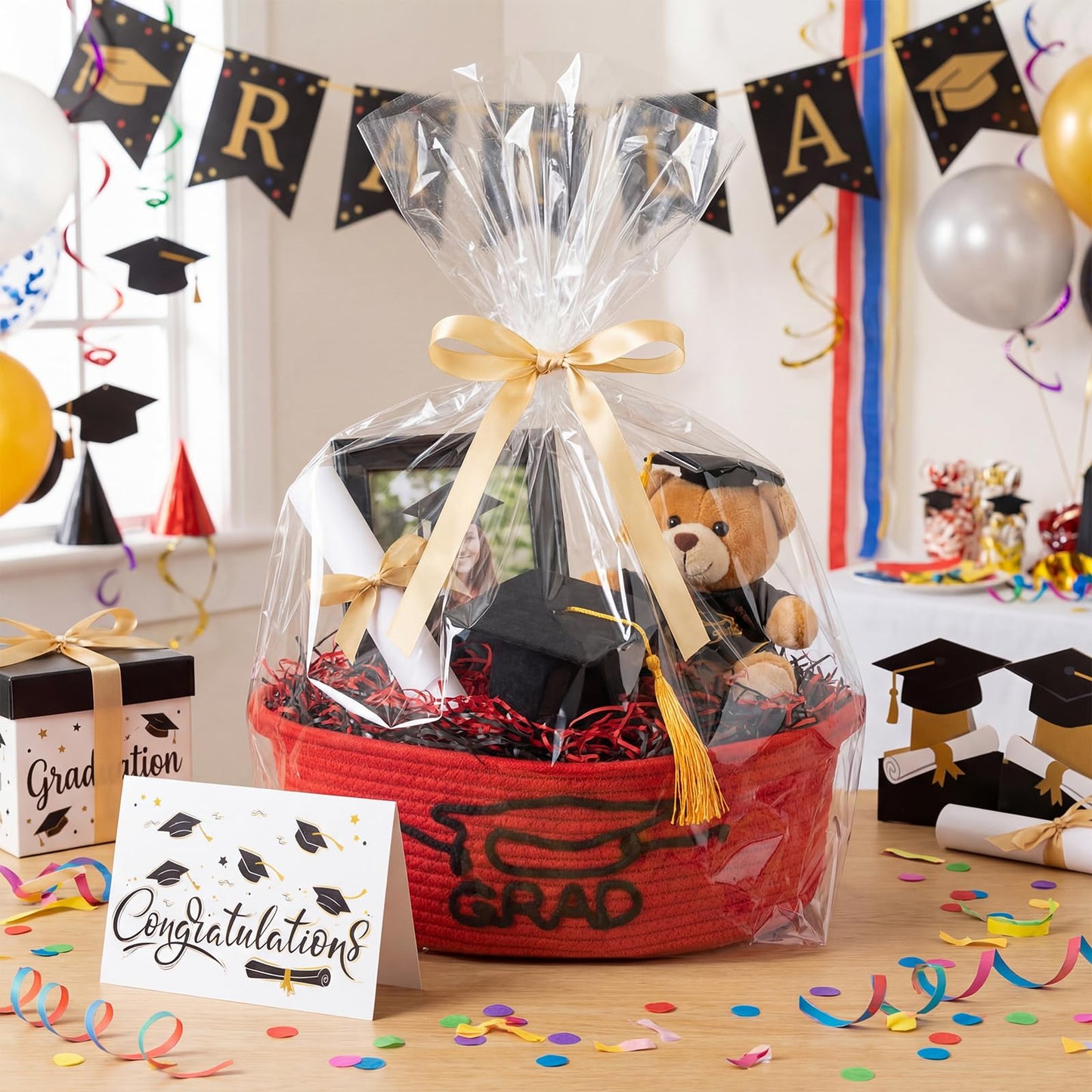 Colingmill 2 Pack Class of 2026 Graduation Empty Gift Basket 14''x10''x5.5'' Woven Rope Basket Empty to Fill with Grad Design Bag Ribbon Card Tassel, Decorative DIY Congrat Gift(Red and Black)