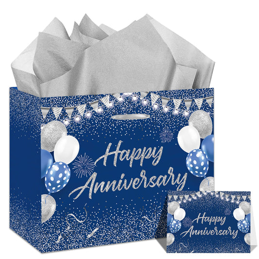 Blue Silver Party Gift Bag with Tissue Papers and Card, Wedding Paper Gift Wrapping Paper Bag11.8'' for Men Women Anniversary Party, Wedding Party Supplies