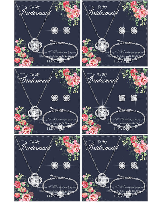 Yinkin 6 Bridesmaid Jewelry Sets Silver Wedding Jewelry Sets Will You Be My Bridesmaid Necklace Earrings Bracelet with Card Proposal Gift for Women Bridal Costume Accessories