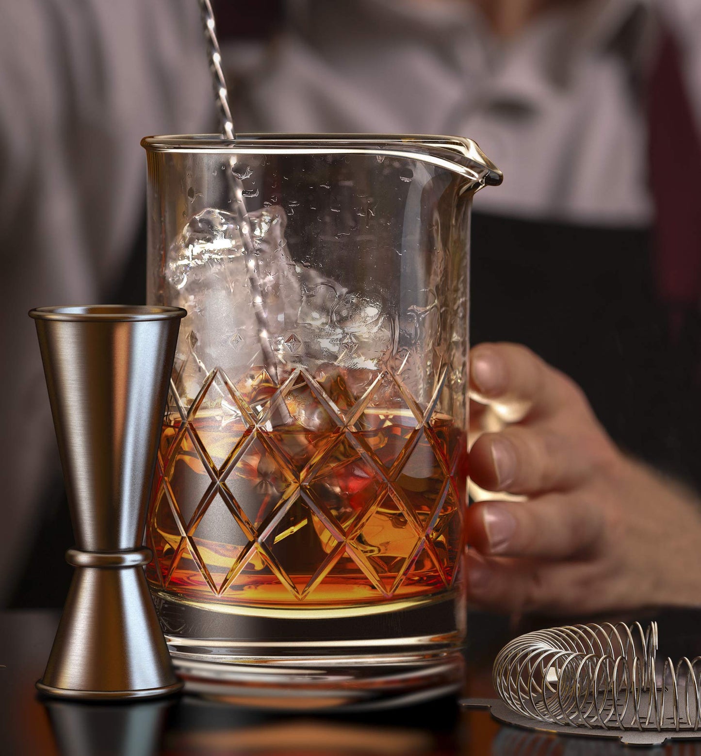 MOFADO. Premium Crystal Cocktail Mixing Glass Set - Professional Bartender Tools/Bar Accessories - Thick Bottom Pitcher/Beaker,Jigger, Muddler, Spoon-4 piece (24 Oz) Ideal Gift