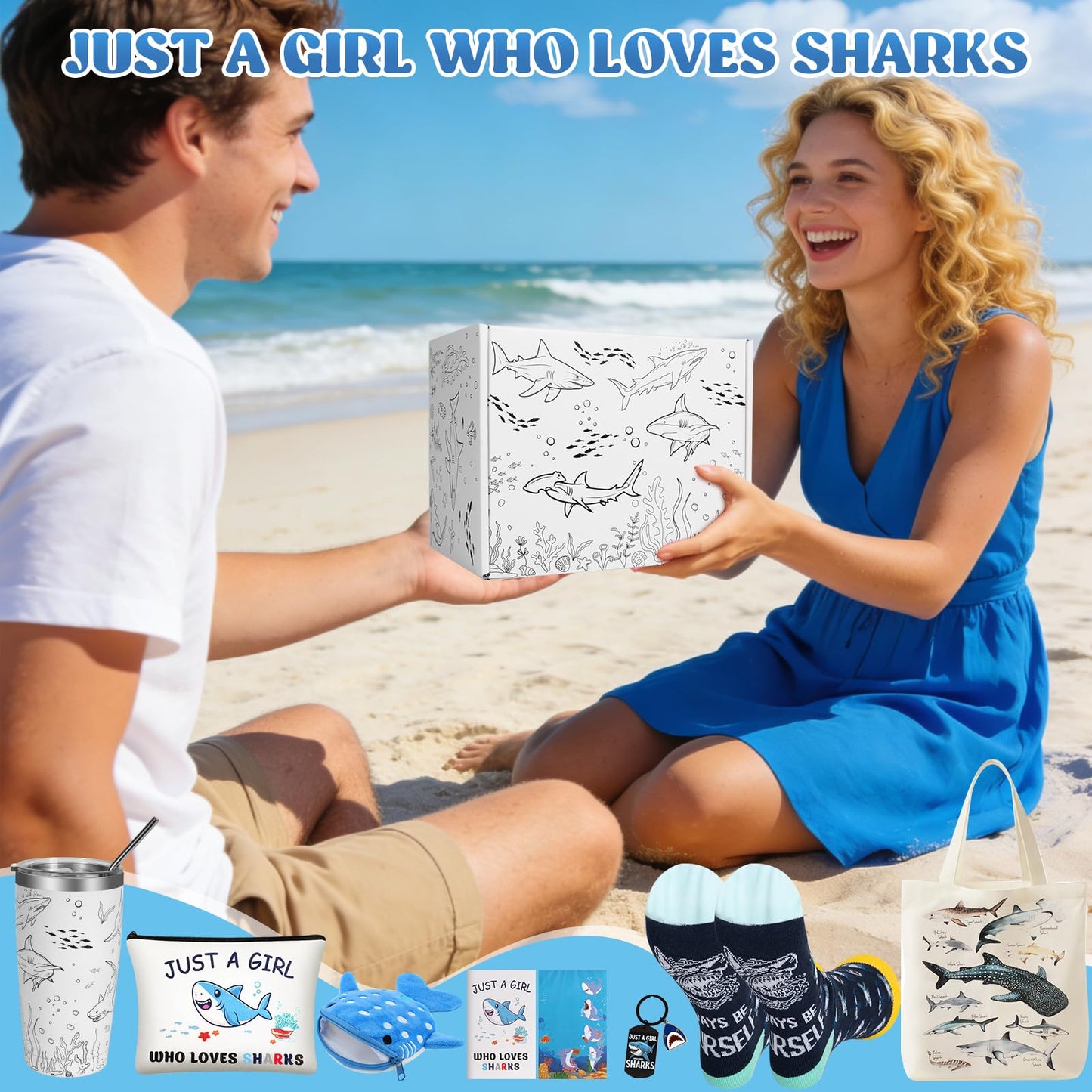 Shark Gifts for Women, 9 Pcs Shark Lovers Gift for Girls Including Tumbler Tote bag Makeup Bag Shark Coin Purse Socks Notepad Keychain Gift Card for Christmas Birthday Mothers Day