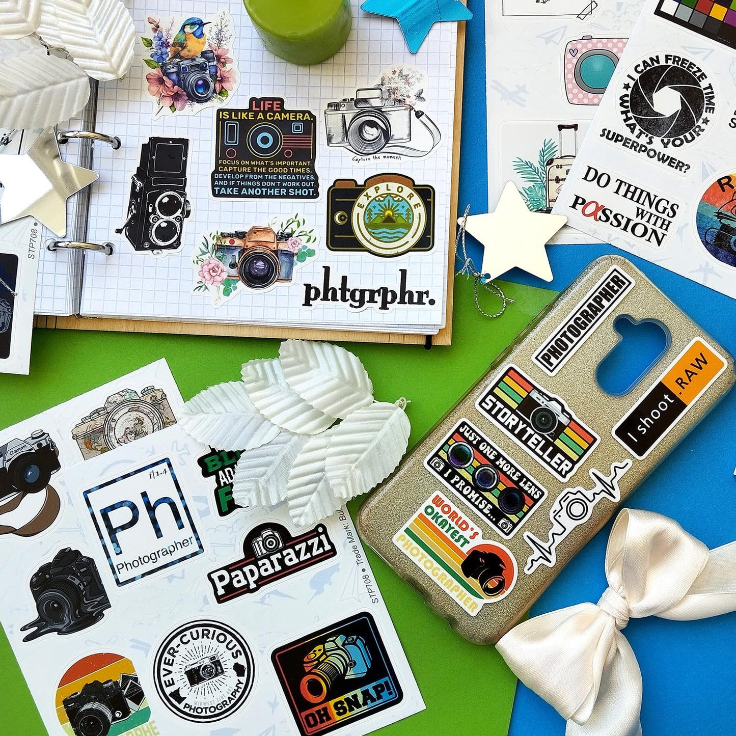 BulbaCraft 100Pcs Photography Stickers, Camera Stickers for Water Bottles, Laptop, Scrapbooking, Planners — Photographer Gifts Women, Camera Gifts for Photographers Women & Men