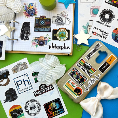 BulbaCraft 100Pcs Photography Stickers, Camera Stickers for Water Bottles, Laptop, Scrapbooking, Planners — Photographer Gifts Women, Camera Gifts for Photographers Women & Men
