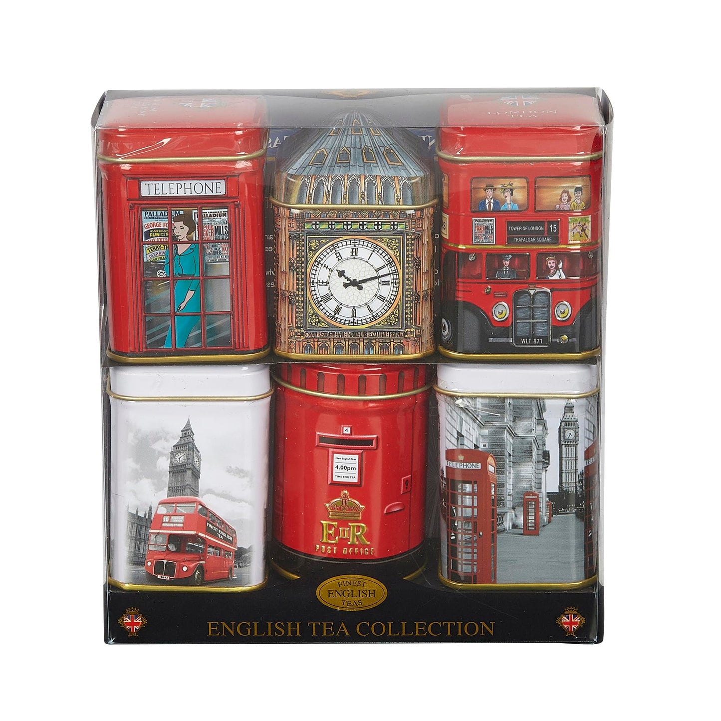 New English Teas Best of British Tea Collection - 6 Iconic London Tins Gift Set (Bus, Big Ben, Phone Box, Post Box) - 4.7oz Loose Leaf English Tea