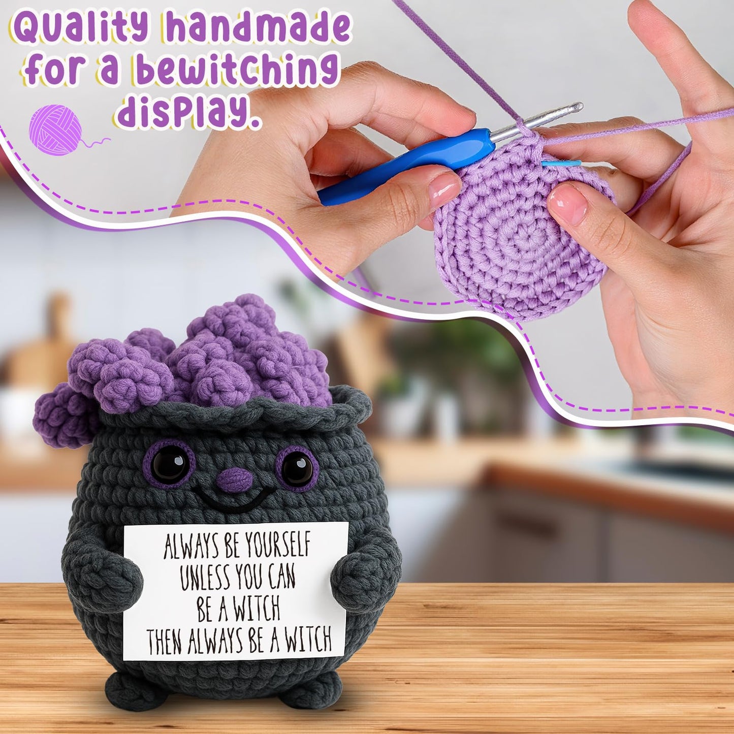 Cute Witch Cauldron Crochet Plush with Positive Affirmation Card - Unique Spooky Witchy Birthday Gifts for Women, Perfect Witchcore Halloween Boo Basket Stuffers - Seasonal Home & Office Decoration