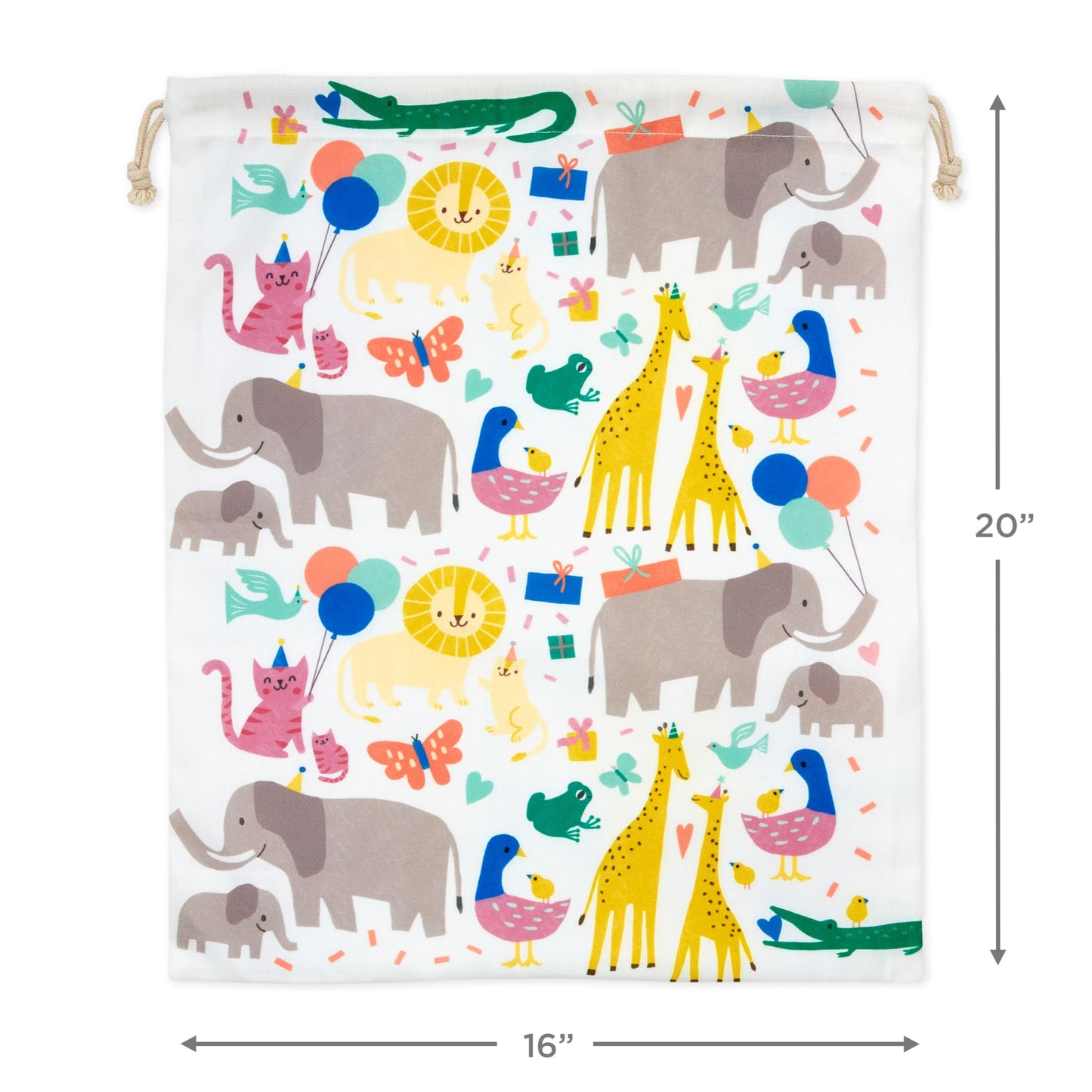 Hallmark 19" Large Canvas Drawstring Bag (Zoo Animals) Reusable Gift Bag for Baby Showers, Gender Reveal Parties, Kids Birthdays
