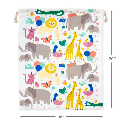 Hallmark 19" Large Canvas Drawstring Bag (Zoo Animals) Reusable Gift Bag for Baby Showers, Gender Reveal Parties, Kids Birthdays
