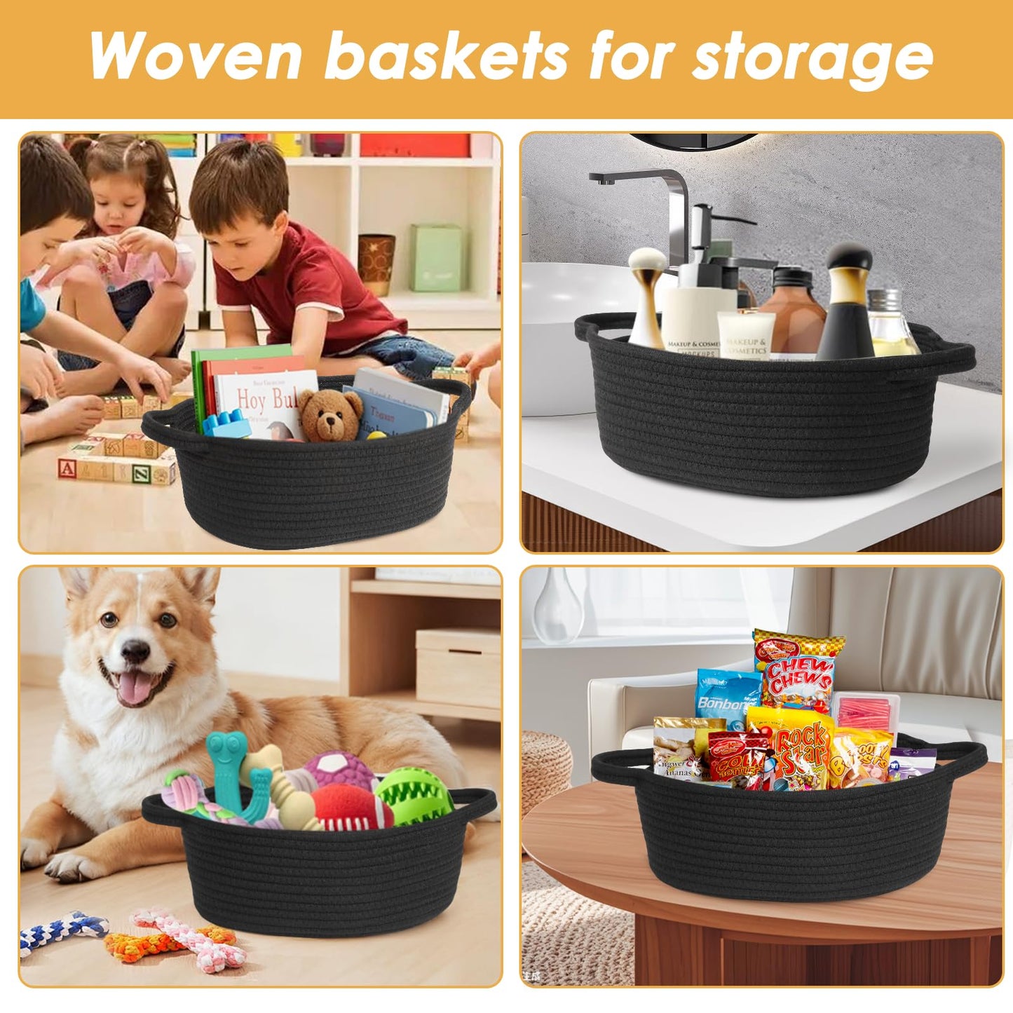 Small Woven Basket with Gift Bags and Ribbons,Cotton Rope Gifts Basket with Handles, Black, Oval Storage Organizer, 12x8x5 inches,Cute baby basket for Toys,nursery