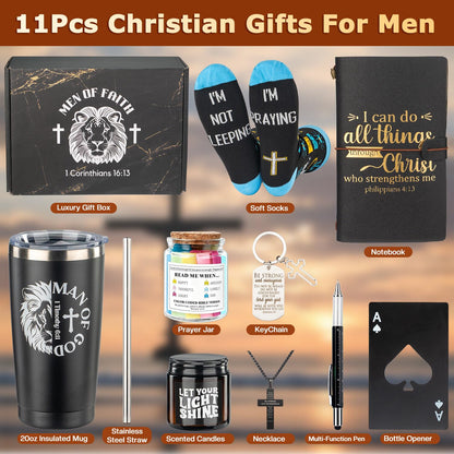 Christian Gifts For Men, Mens Easter Basket Stuffers, Catholic & Religious Gift For Men, God, Jesus, Faith Based Gifts With Prayer Jar, Bible Notebook, Encouragement Church Gifts For Pastor, Dad, Son