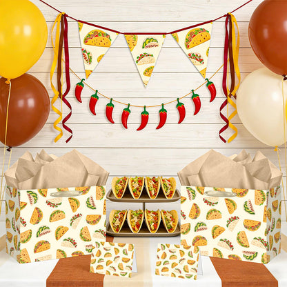 Peconal Taco Gift Bag Taco Mexican Fiesta Gift Wrapping Paper Bag with Handle Greeting Card Tissue Paper Mexican Food Party Favors Bag for Boys Girls Birthday Taco Tuesday Party Supplies Decorations