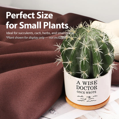 A Wise Doctor Once Wrote Ceramic Succulent Plant Pot with Tray Doctor Gifts Home Office Decor Indoor Plant Dr Graduation Gift 3.5 Inch White (No Plants) (with Bamboo Tray)
