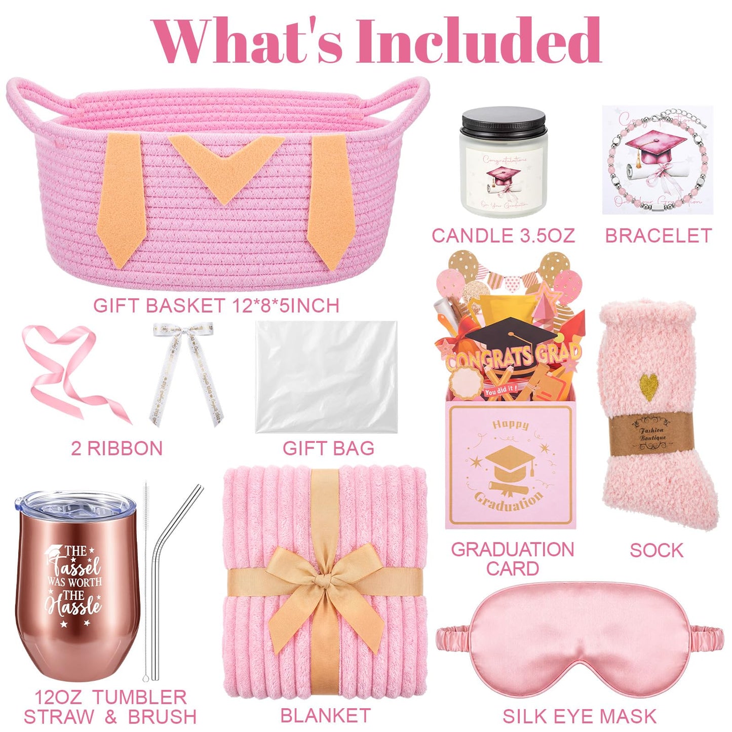 Patelai Pink Graduation Gift Basket Set for Her 2026, with Tumbler Blanket Candle Socks Bracelet Eye Mask Card, High School College Masters Degree Graduation Gifts for Friend Daughter Niece