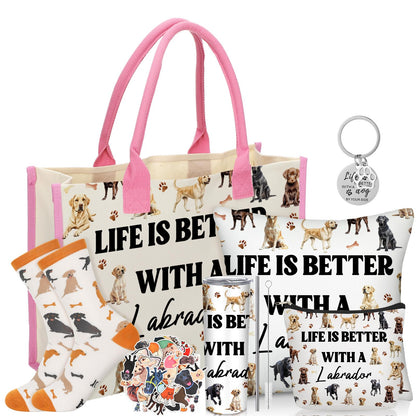 Patelai 56 Pcs Labrador Retriever Gift Set for Dog Mom, Tote Bag 20oz Stainless Tumbler Cosmetic Bag Sock Pillow Cover Keychain 50 Sticker for Women Labrador Lover Gift Dog Mothers Day Party Favors