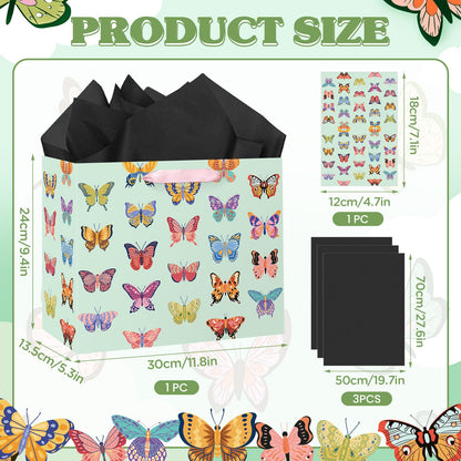 Butterfly Gift Bags for Girls Women Mint Green Butterfly Birthday Gift Wrap Bags with Handle Tissue Papers Greeting Card for Baby Shower Spring Easter Wedding Party Favors Goodie Wrapping Bag Supplies