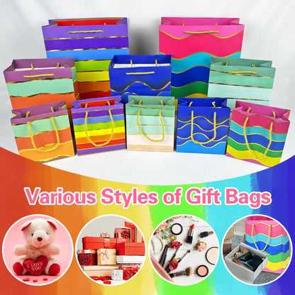 MUMULULU Gift Bags Assorted Sizes and Designs with Handle and Tissue Paper Birthday Gift Bags Rainbow for Birthday Bag Party Baby Shower Wedding Holiday Presents (Striped, 10)