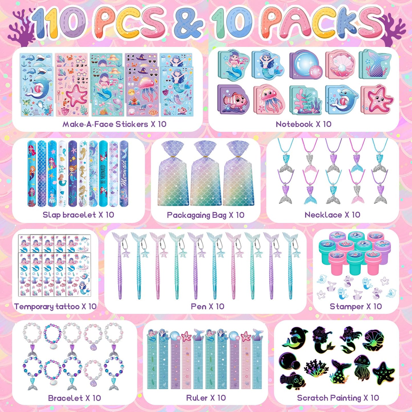 DMIGHT 110Pcs Mermaid Party Favors Including Stampers, Notebooks, Mermaid Party Decorations