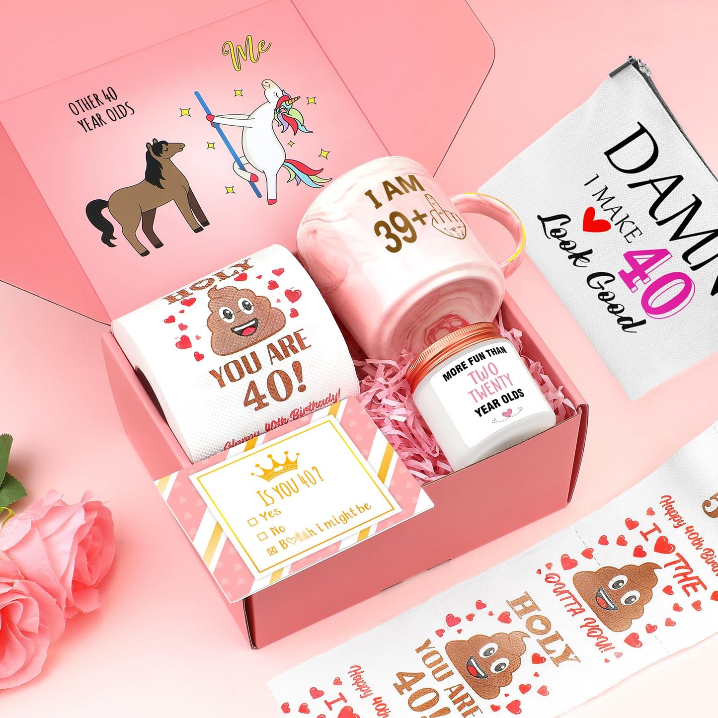 Pradnel 40th Birthday Gifts Women Funny 40 Year Old Birthday Gifts for Women 40 and Fabulous Decorations 40th Bday Gift Ideas for Woman 40s Her Best Friend - Coffee Mug Card Makeup Bag Toilet Paper