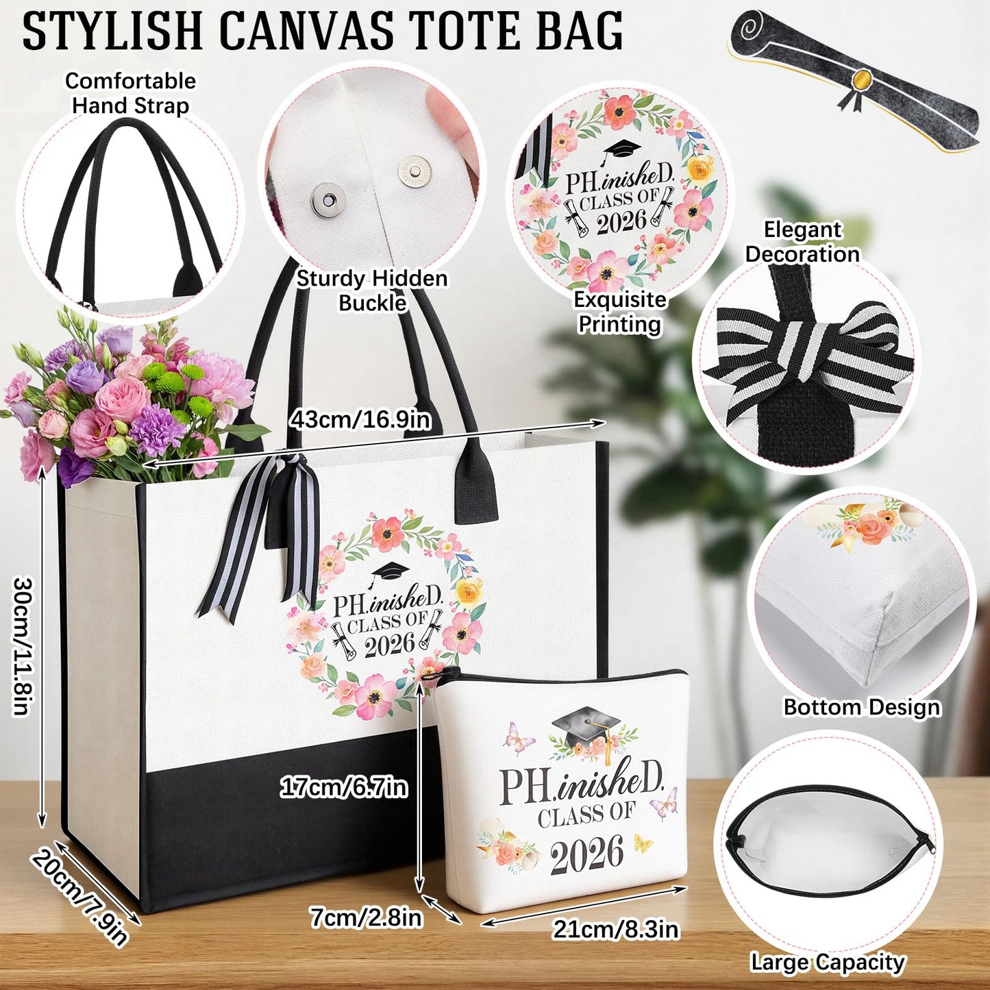 Aliceset 8 Pcs Phd Graduation Gifts for Women It's Dr Actually Gifts for Phd Doctorate Degree Class of 2026 Canvas Tote Bag Tumbler Keychain Makeup Bag Bracelet Greeting Card Scented Candle Socks