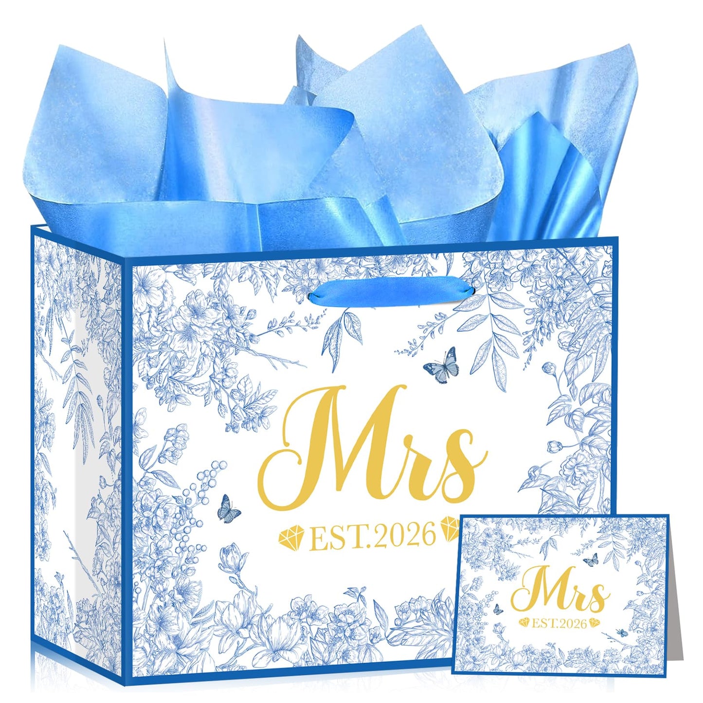 Woosytoo EST 2026 Mrs Bride Gift Bag Blue Bridal Shower Gift Bag with Tissue Paper and Card Mrs 2026 Wedding Gift Bag for Butterfly Bridal Shower Bachelorette Party Engagement Decor Supplies
