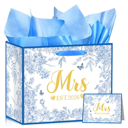Woosytoo EST 2026 Mrs Bride Gift Bag Blue Bridal Shower Gift Bag with Tissue Paper and Card Mrs 2026 Wedding Gift Bag for Butterfly Bridal Shower Bachelorette Party Engagement Decor Supplies