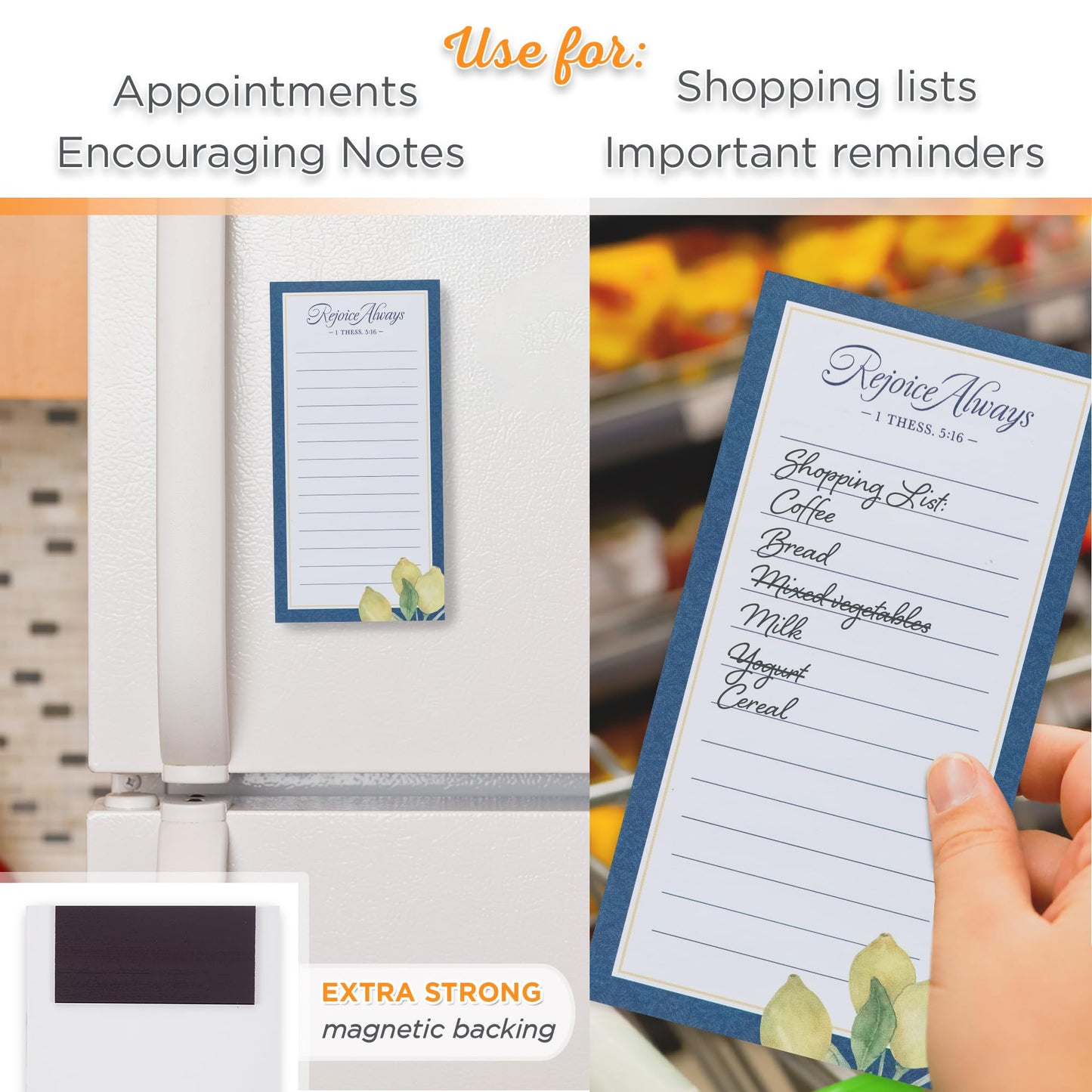 Christian Art Gifts Compact Magnetic Notepad & Medium Ballpoint Pen Set for Women: Rejoice Always Inspirational Scripture, Lists, Reminders, 70 Lined Easy Tear-off Sheets, Navy Blue & Yellow Lemons