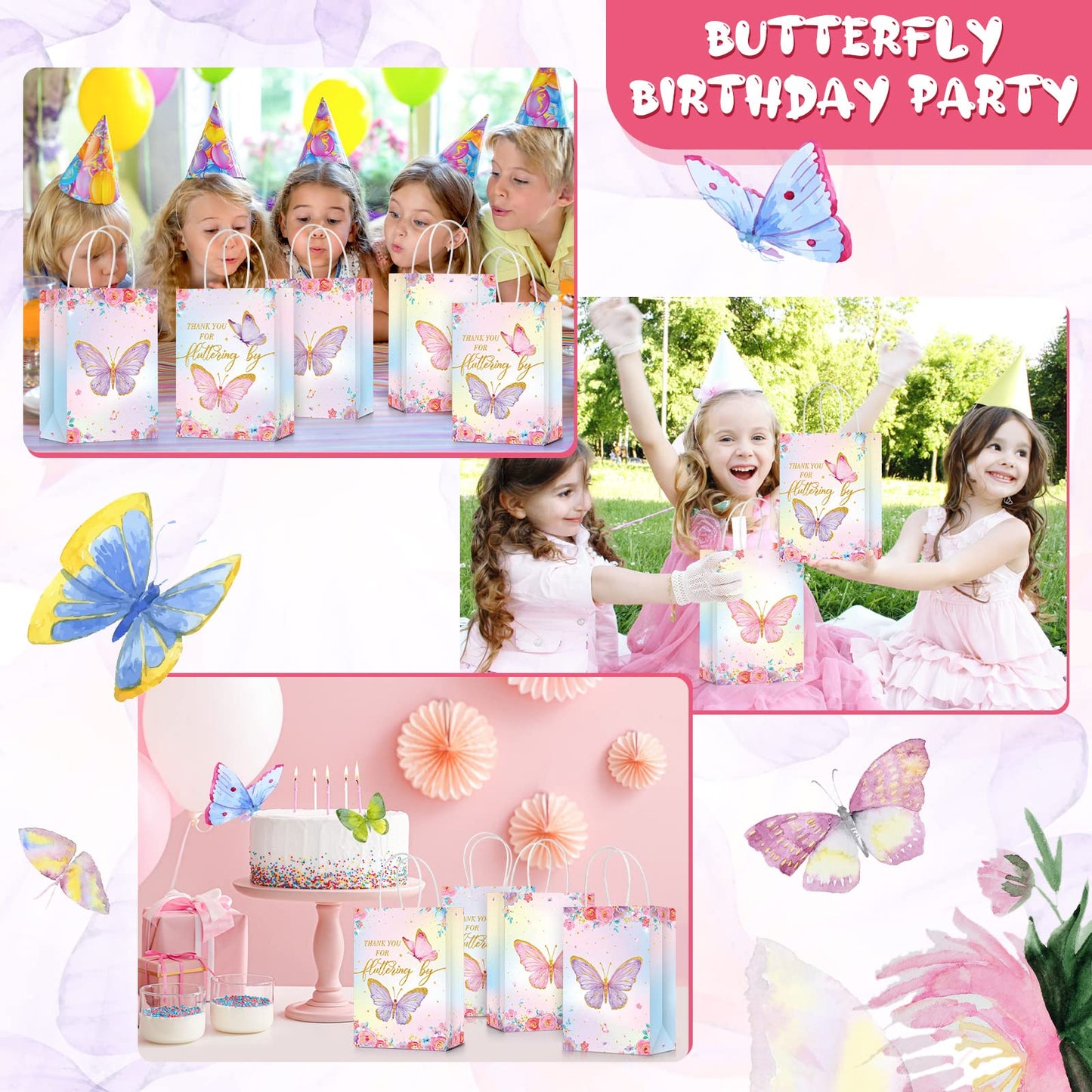 TaoBary 24 Pcs Butterfly Party Favors Gift Goodie Treat Candy Bags Thank You for Fluttering by Paper Bags with Handles for Girls Butterfly Birthday Party Supplies Baby Shower(Watercolor Style)
