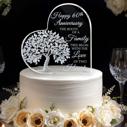 60th Wedding Anniversary Heart Acrylic Plaque, 60th Diamond Wedding Cake Topper Decorations, 60 Years Of Married Gifts For Parents or Grandparents, Tree of Life Anniversary Wedding Gifts for Couples