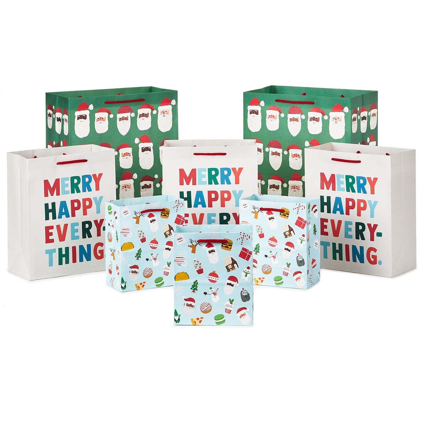 Hallmark Christmas Gift Bag Assortment (8 Holiday Bags; 3 Small 6", 3 Medium 9", 2 Large 13") Multicultural Santa Claus, Merry Happy Everything, Tacos, Donuts, Pizza, for Kids, Teachers, Foodies
